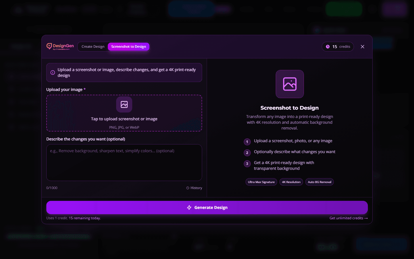 Screenshot to Design modal showing the image upload, change description, and displayed credits