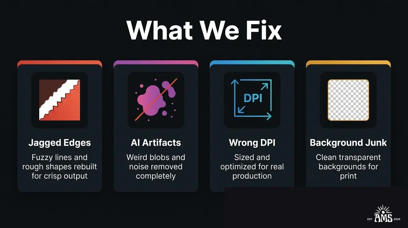 Infographic showing the four types of AI artwork issues AMS fixes: jagged edges, AI artifacts, wrong DPI, and background junk