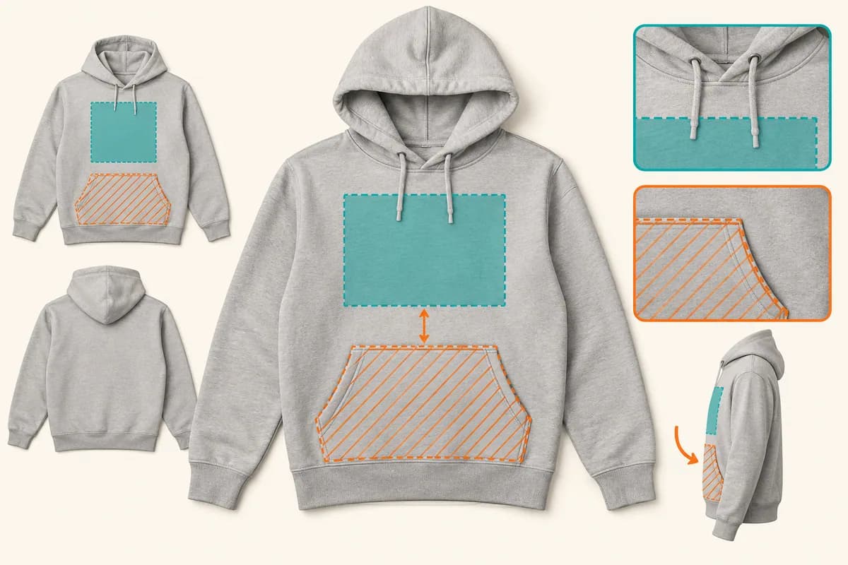 Measure the clear front area above the hoodie pouch and around raised seams.