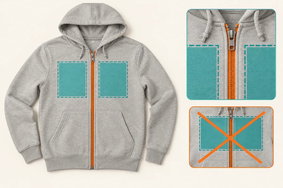 A zipper divides the usable space; reconsider the layout before sizing across it.