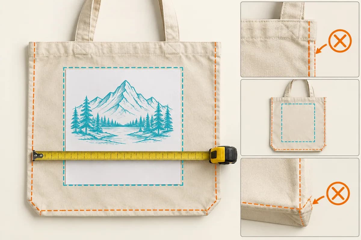 Measure the tote’s flat panel between handles, seams and other obstructions.