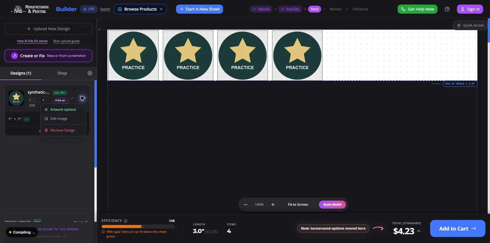 Real Actions for the design menu with Artwork options, Edit Image and Remove Design.