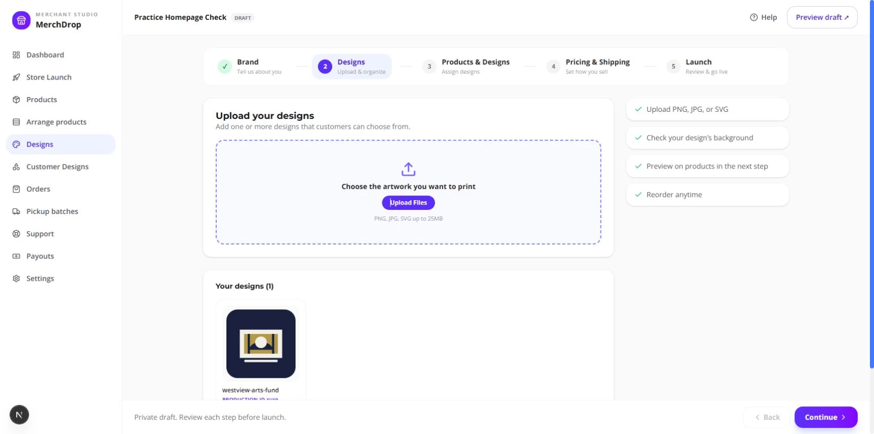 Private Designs step with Upload Files and one uploaded fictional design.