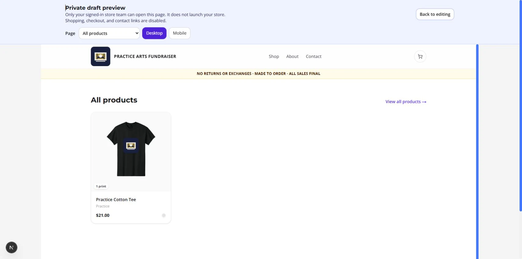 Private draft preview showing the saved practice shirt, website logo, Page, Desktop, and Mobile controls.