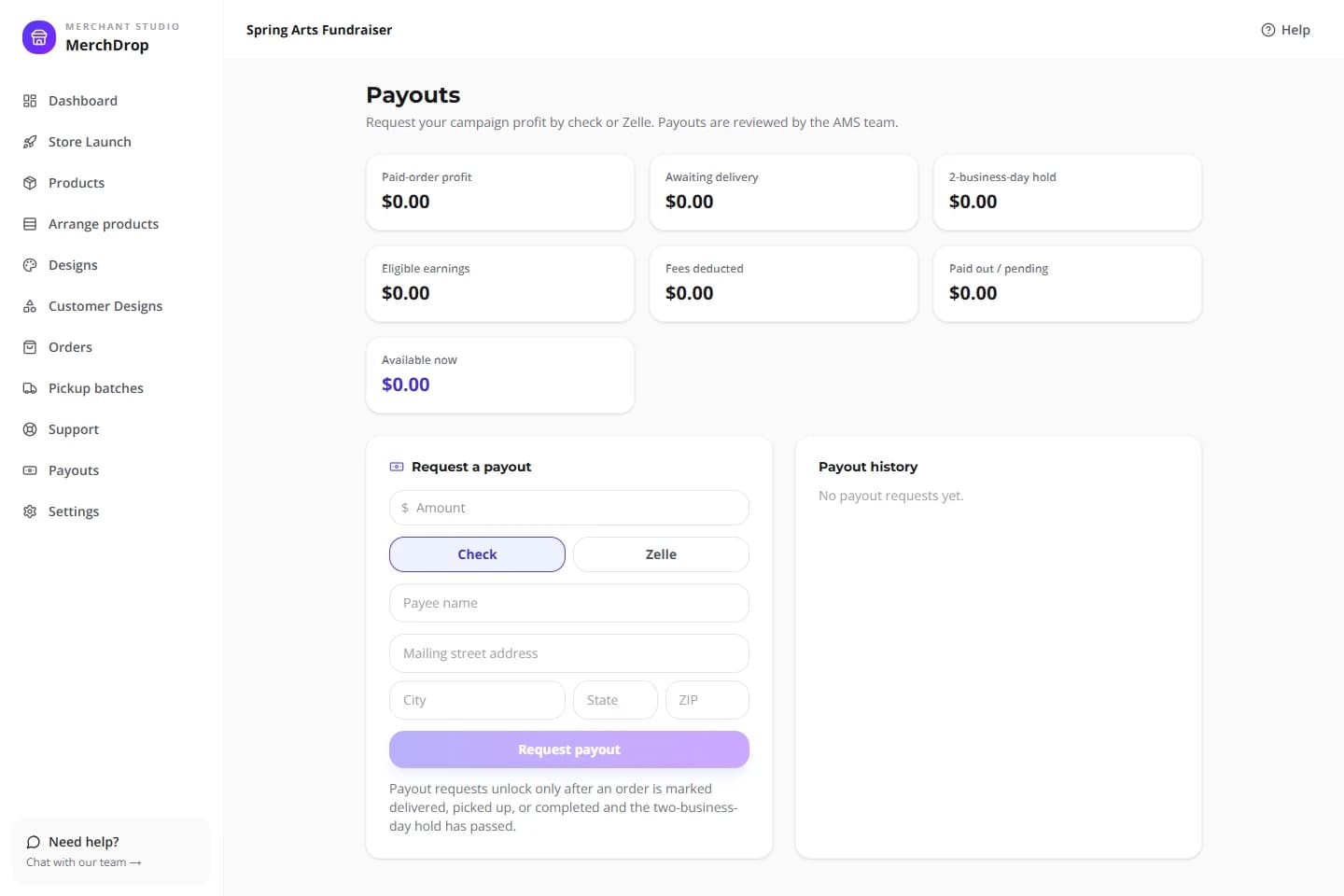 Payouts screen showing delivery holds, fees deducted, Available now, and payout methods.