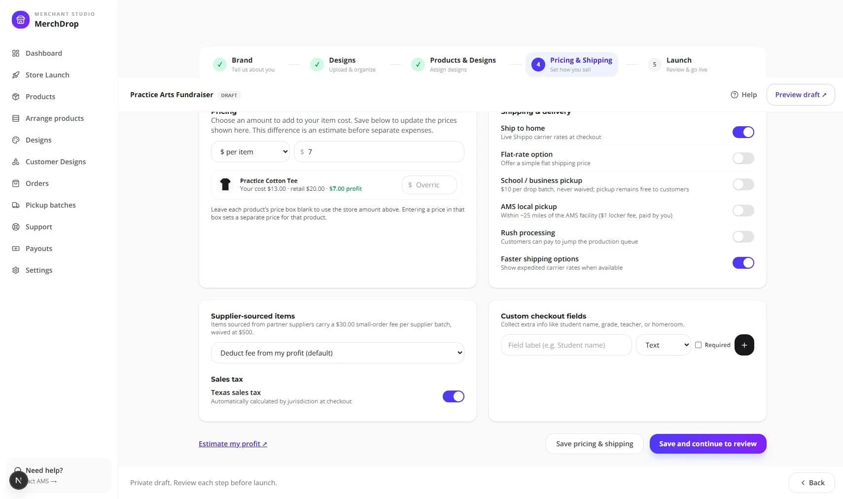 Pricing & Shipping with example cost, retail, delivery, Save pricing & shipping, and Save and continue to review.