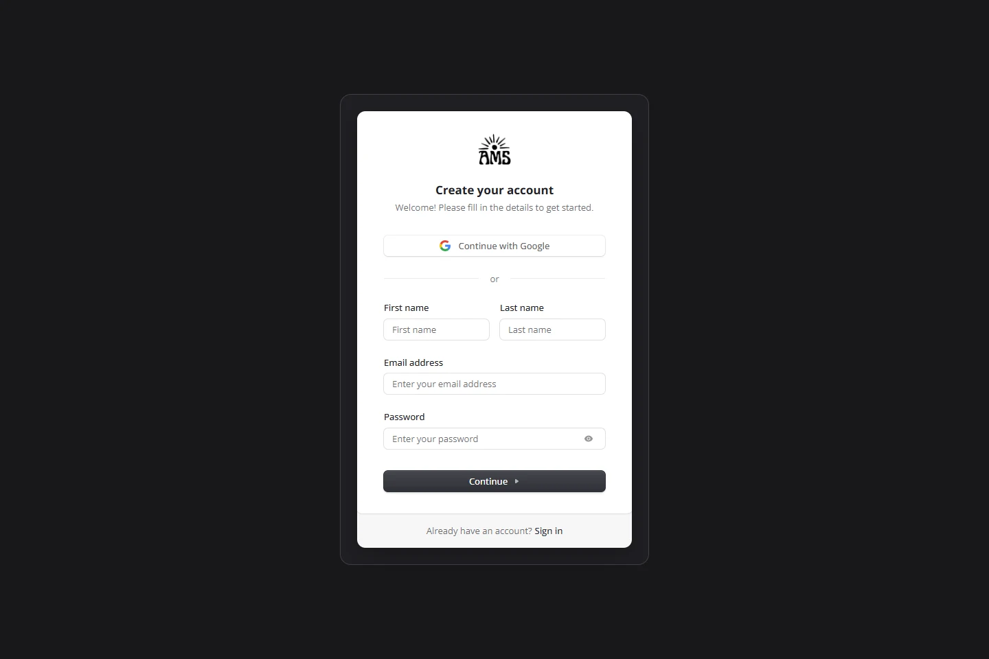 AMS Create your account screen with name, email, password, Google option, and Sign in link.