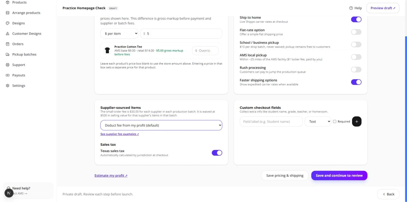 Pricing & Shipping in a practice store, showing Supplier-sourced items, the $30 fee and $500 waiver, Deduct fee from my profit, and the link to supplier fee examples.