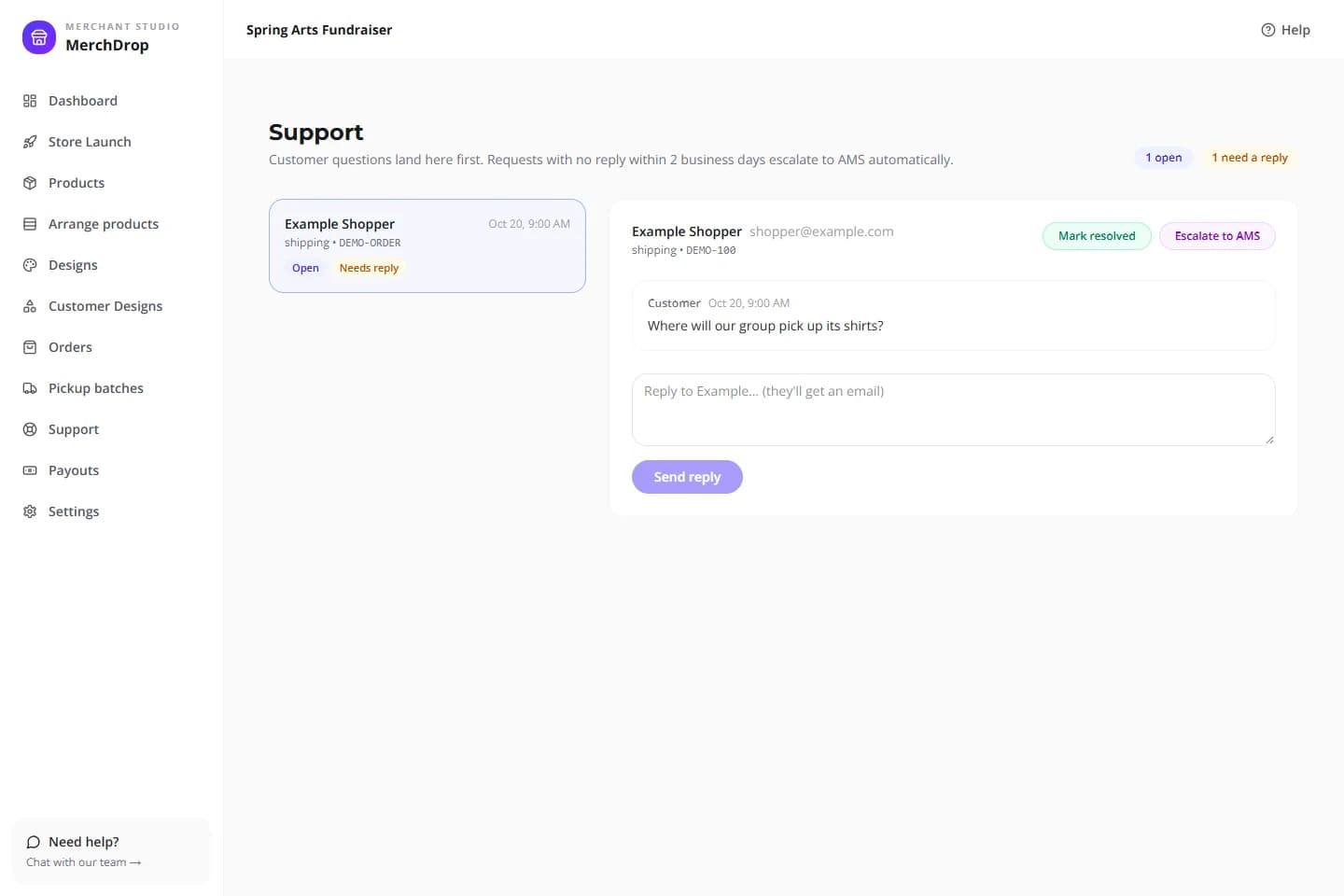 Support thread with a fictional shopper question, Needs reply, and Escalate to AMS.