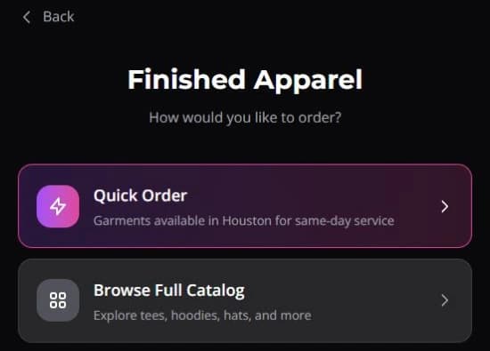 Finished Apparel choices: Quick Order and Browse Full Catalog.