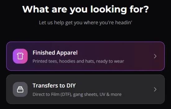 AMS order wizard with Finished Apparel and Transfers to DIY choices.
