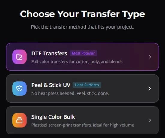 Choose Your Transfer Type showing DTF Transfers, Peel & Stick UV, and Single Color Bulk.