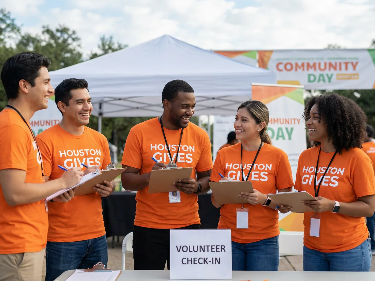Houston community event volunteers in coordinated custom orange event shirts at a registration table