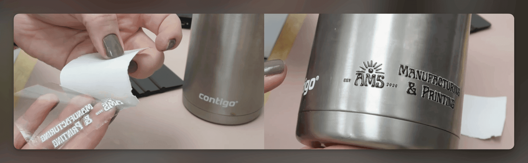 UV DTF peel-and-stick transfer being peeled from backing film and the finished full-color decal applied to a water bottle — no heat press required