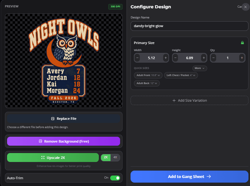 Night Owls roster artwork in the AMS Configure Design screen with four names and jersey numbers