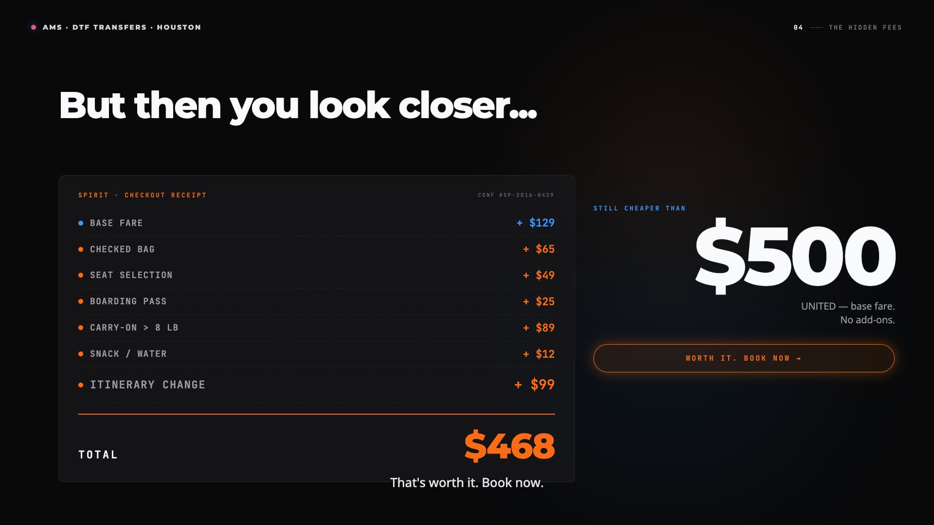Hidden fee receipt analogy showing add-on costs behind a cheaper checkout price