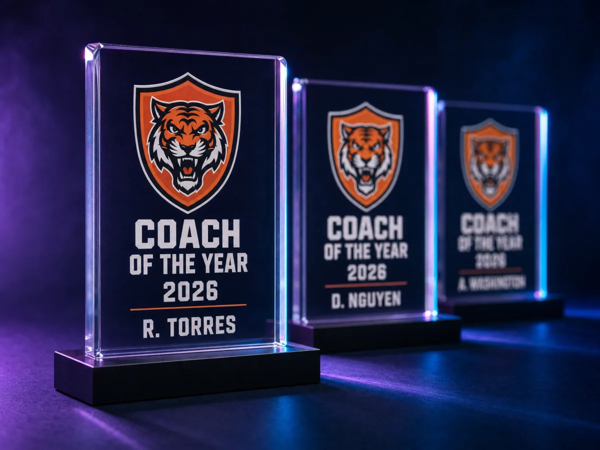 Three clear acrylic award plaques with the same crest layout and a different name on each