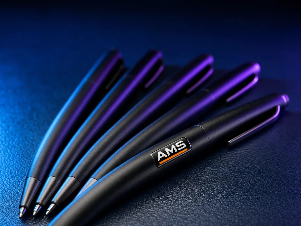 Five black pens fanned on a navy surface, each with a small glossy AMS UV DTF strip on the barrel