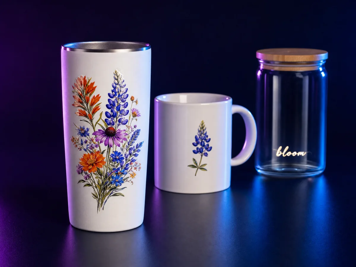 A tumbler, mug, and jar decorated with one wildflower illustration sized differently for each object