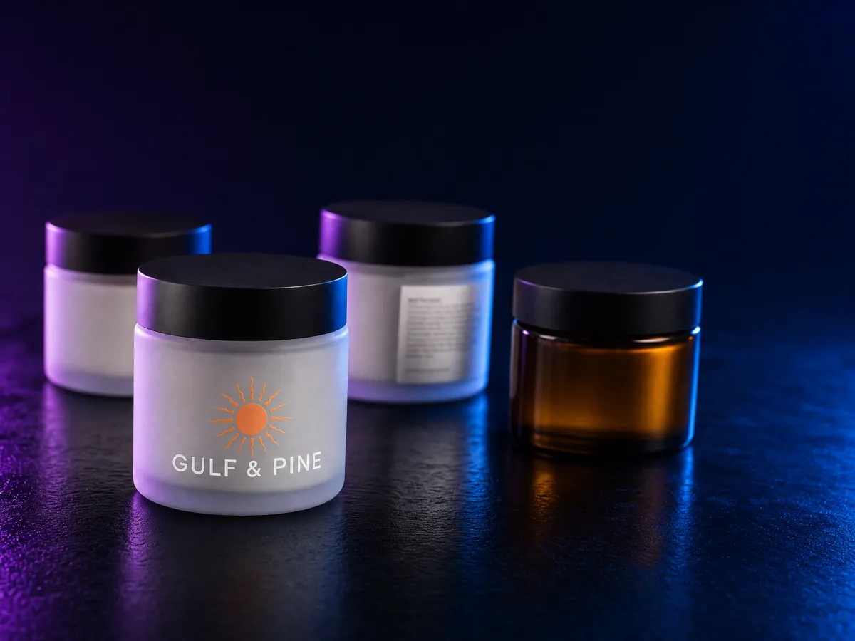 Frosted cosmetic jars and an amber jar with a front-facing brand graphic applied by UV DTF