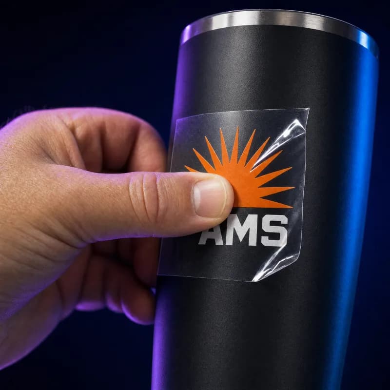 A thumb pressing the transfer onto a black tumbler with the carrier film still on