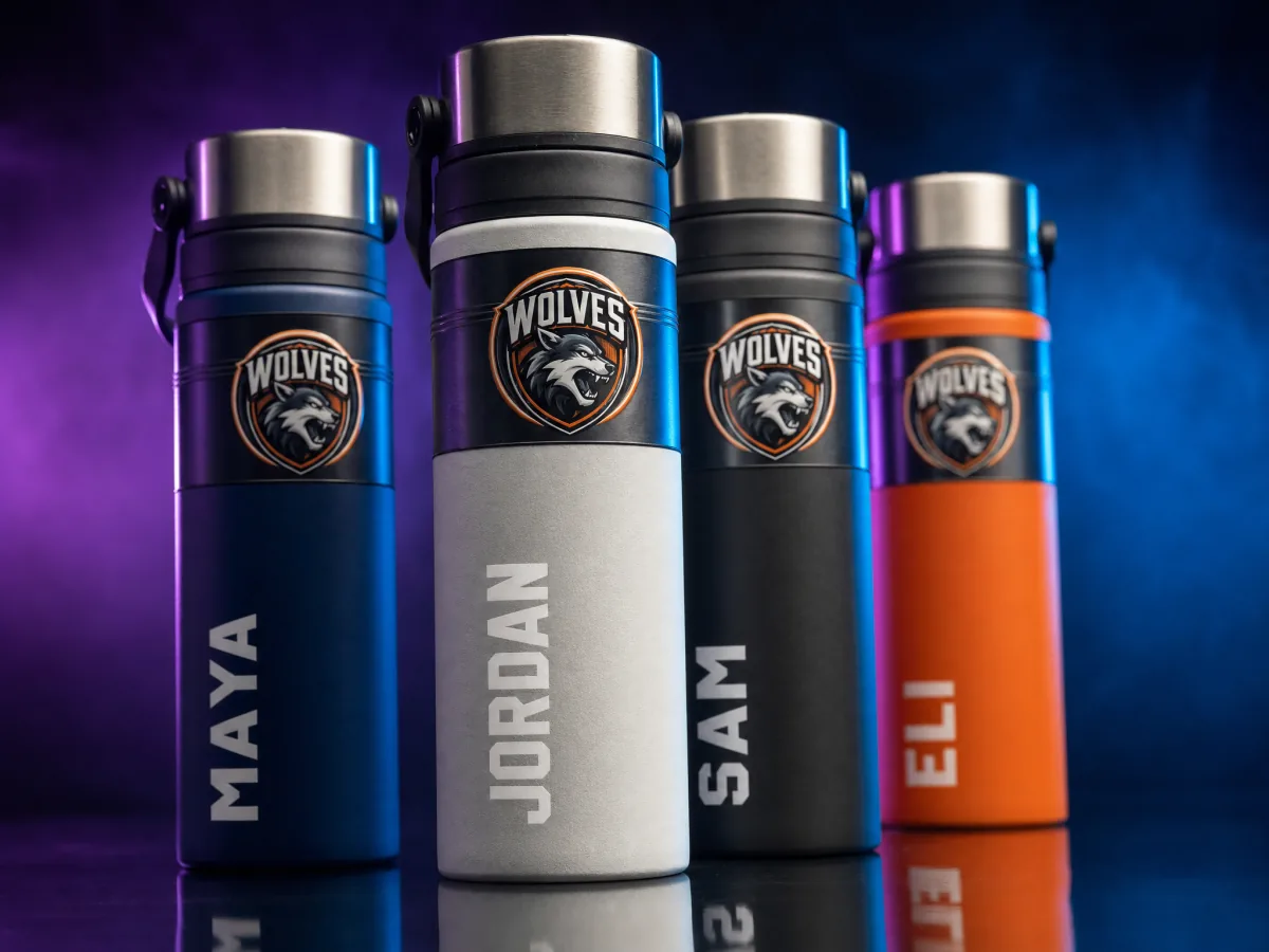 Four insulated bottles sharing one team crest, each with a different name applied in white