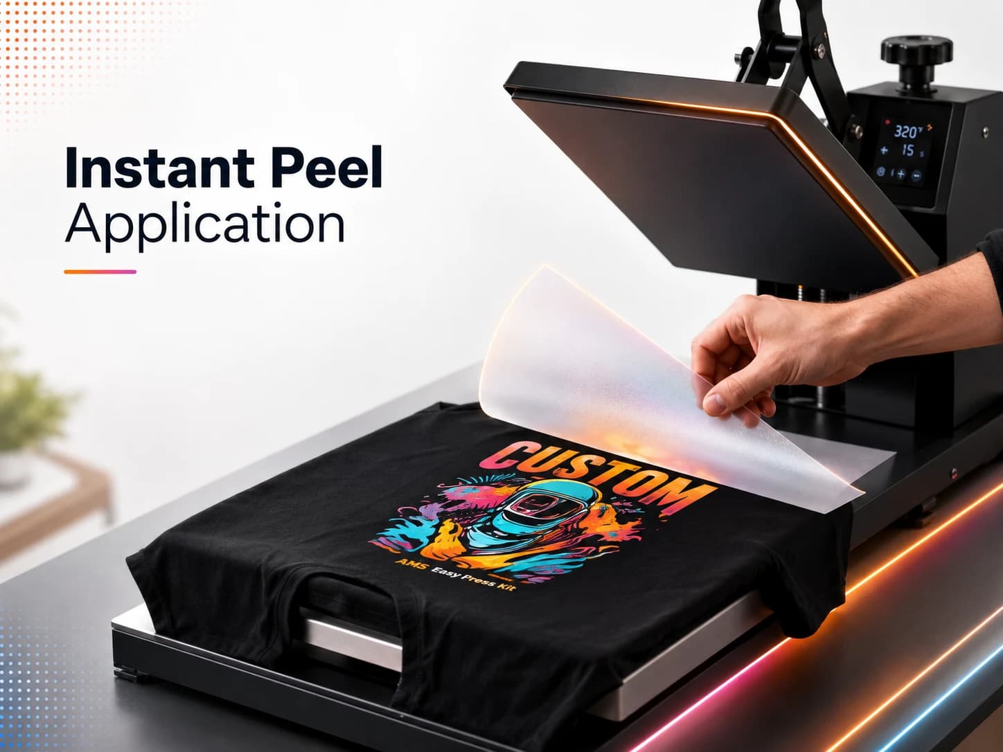 Heat press action for applying DTF transfers