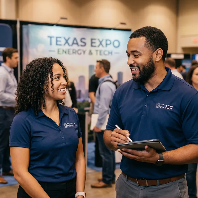 Team in matching branded polos at a Houston trade show booth