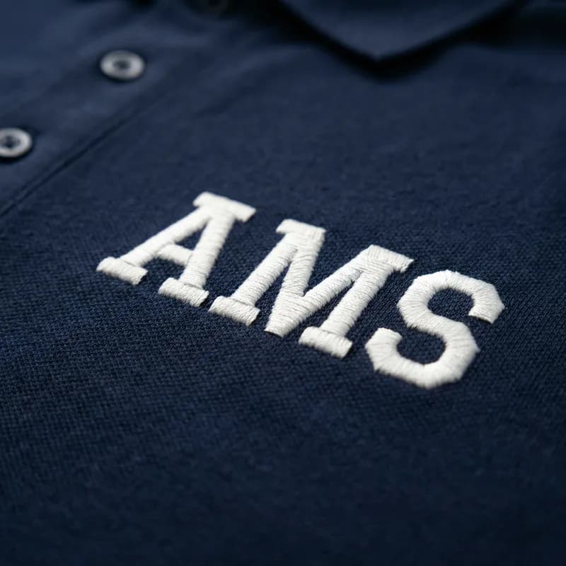 Close-up of embroidered AMS logo on a navy polo shirt