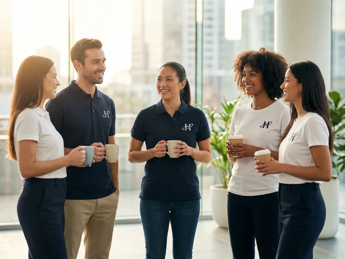 Professional team wearing coordinated custom branded polo shirts and tees in a modern office
