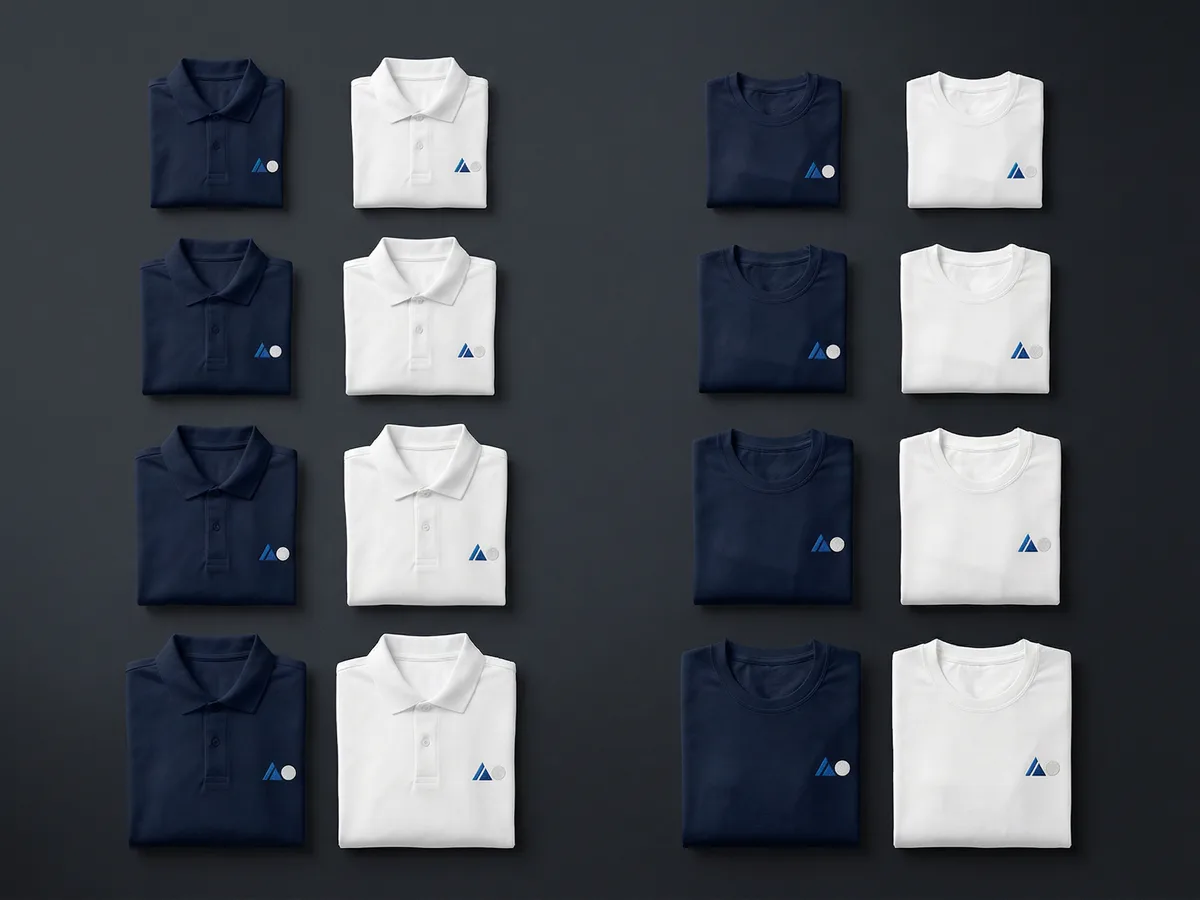 Neatly folded custom branded polo shirts organized by size for repeat business orders