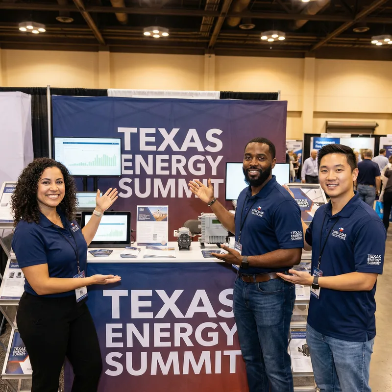 Conference booth team in matching polos at Texas Energy Summit