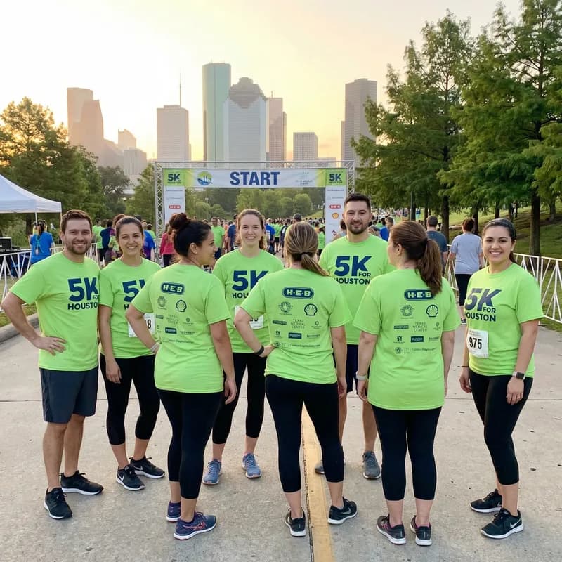 Charity 5K walk volunteers in matching green event tees in Houston