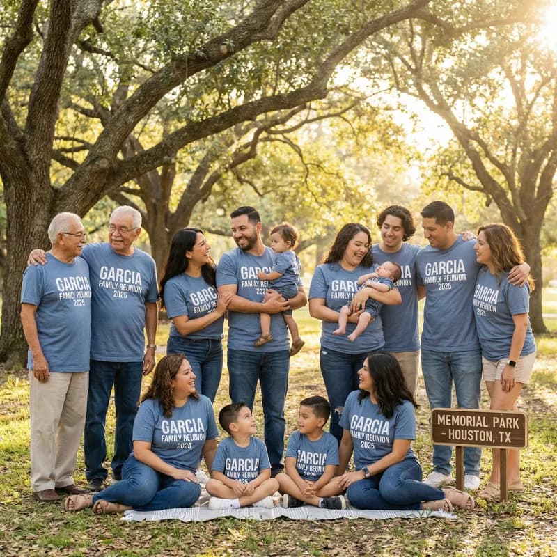 Garcia family reunion group in matching custom shirts at Memorial Park Houston