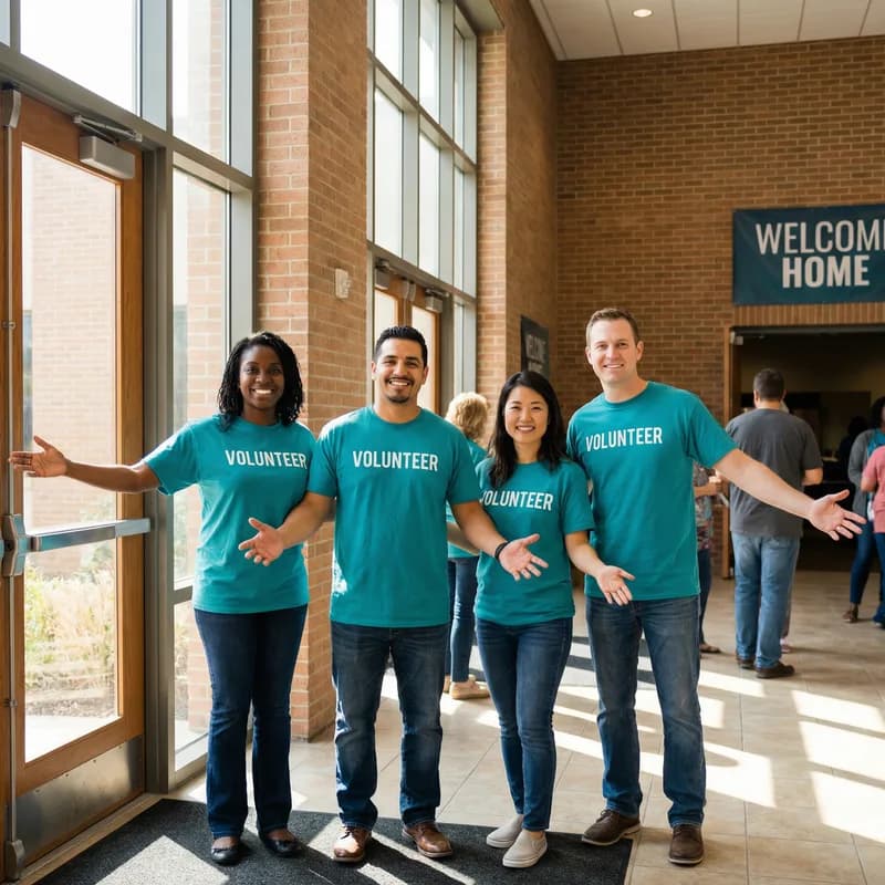 Church volunteer welcome team in teal custom event shirts