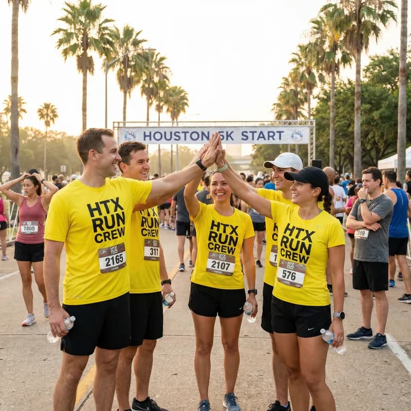 HTX Run Crew in yellow performance tees at Houston 5K start line
