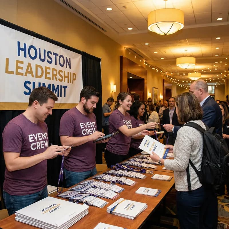 Event crew at registration check-in table at Houston Leadership Summit