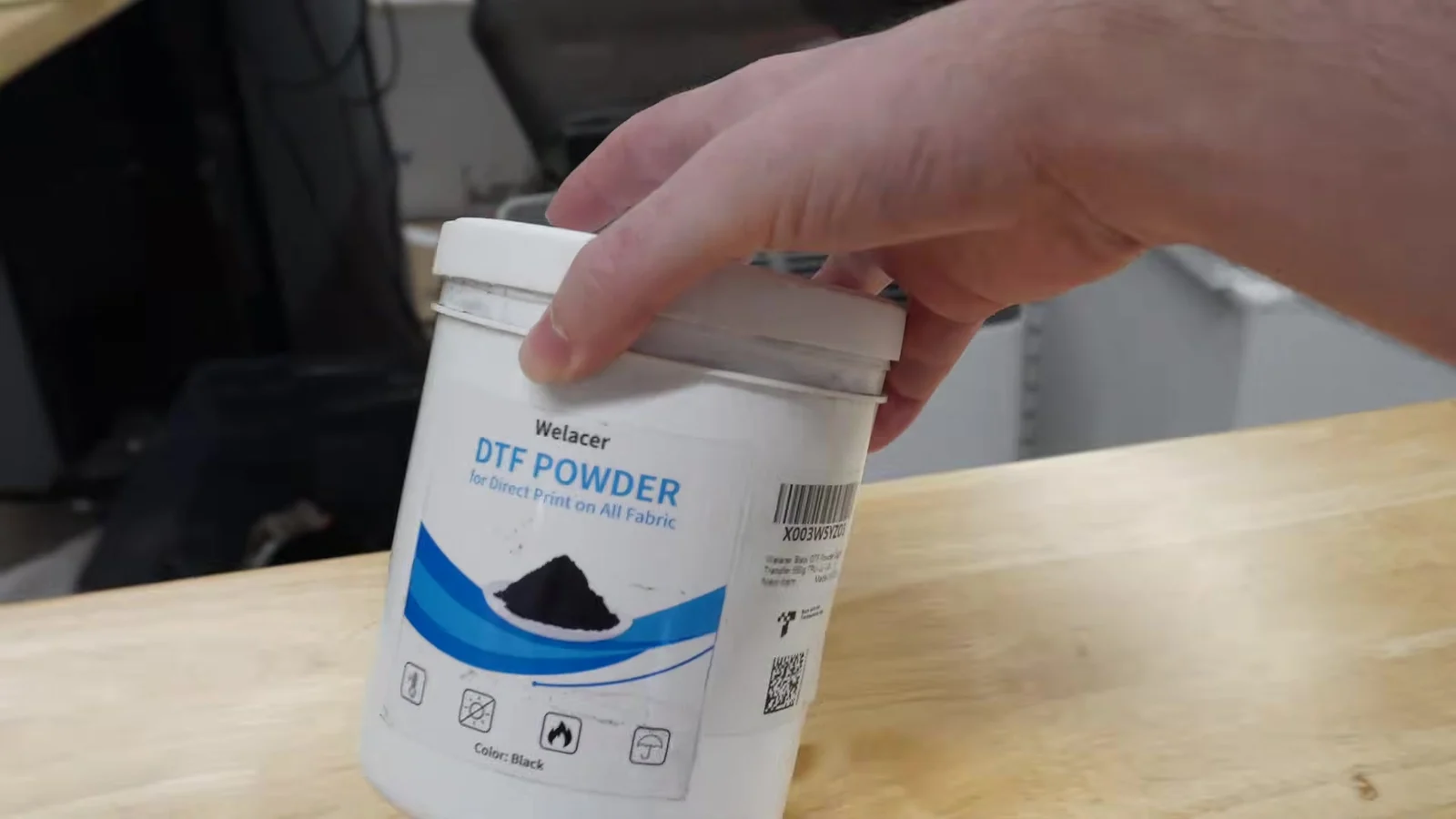 White and black DTF powder setup for side by side comparison