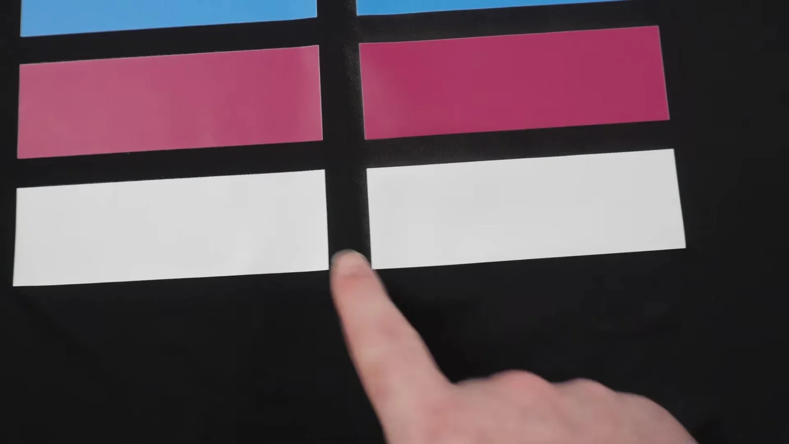 Close comparison of color brightness between black powder and white powder DTF tests