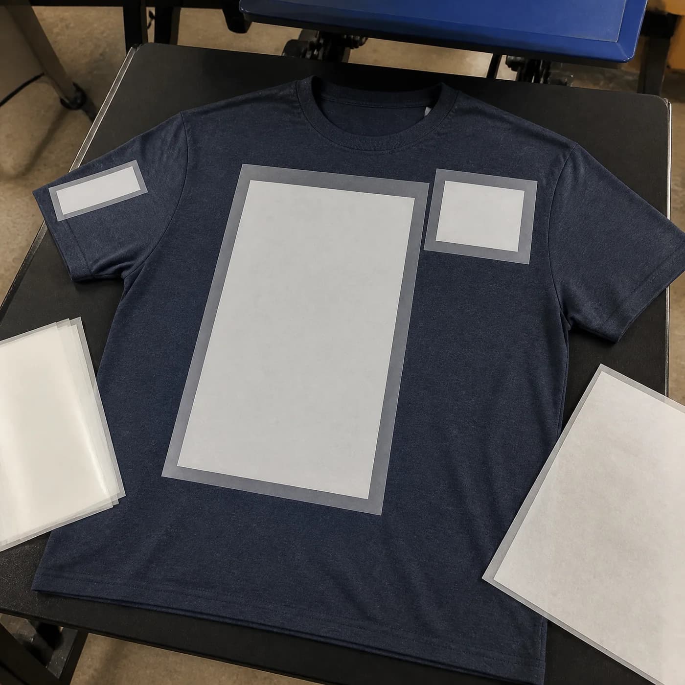 Plain DryBlend shirt with DTF transfer alignment showing chest and back print areas