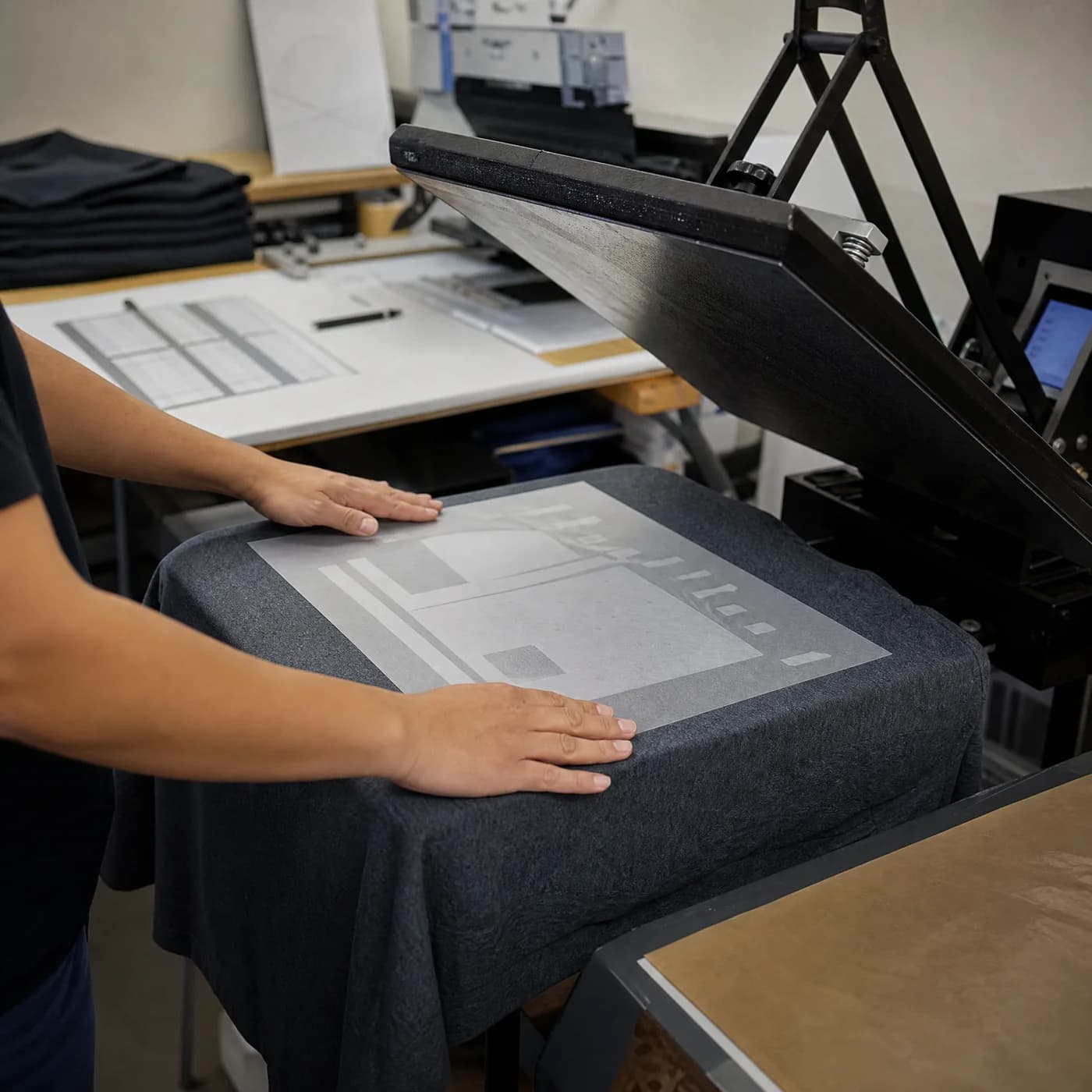 Heat press setup for a custom performance tee order