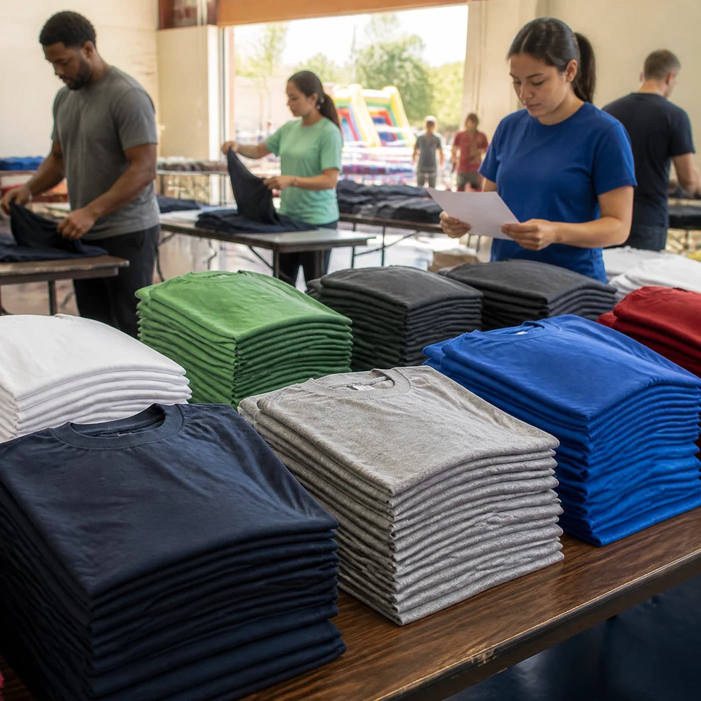 Generic school event shirt context with size-sorted blank tees
