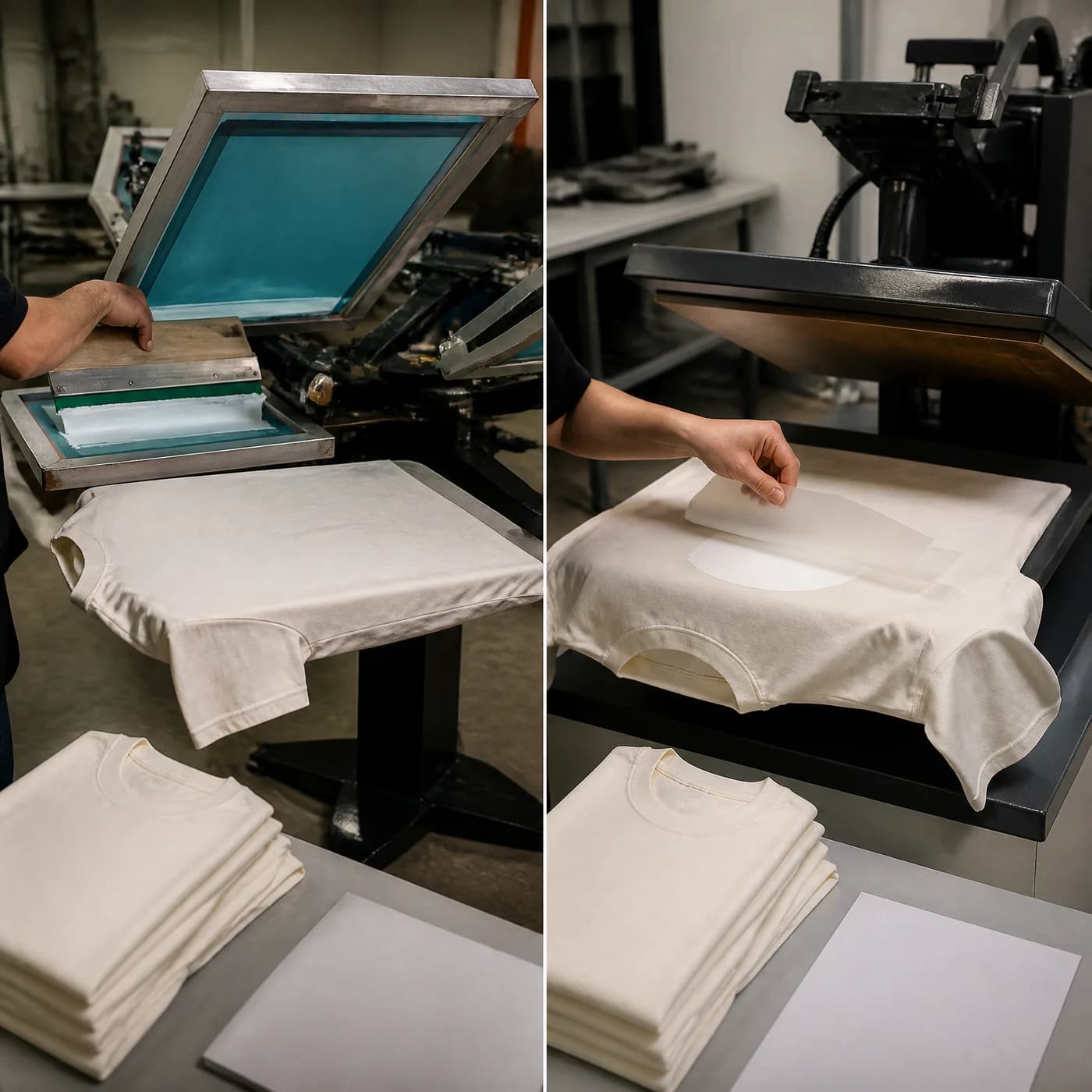Screen print and DTF production comparison without text labels