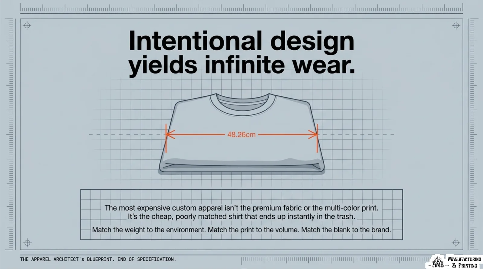 Minimal apparel blueprint showing a folded T-shirt and the message that intentional design yields longer wear.