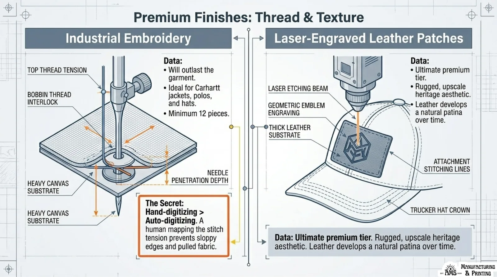 Blueprint comparison of industrial embroidery and laser-engraved leather patches for premium apparel finishes.