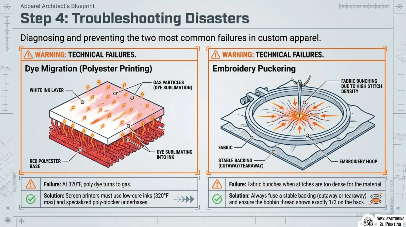 Troubleshooting diagram showing dye migration on polyester printing and embroidery puckering from high stitch density.