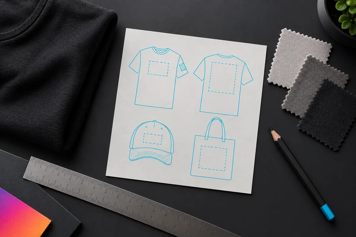 Illustration of a blank apparel proof sheet, fabric swatches, pencil, and ruler on a worktable