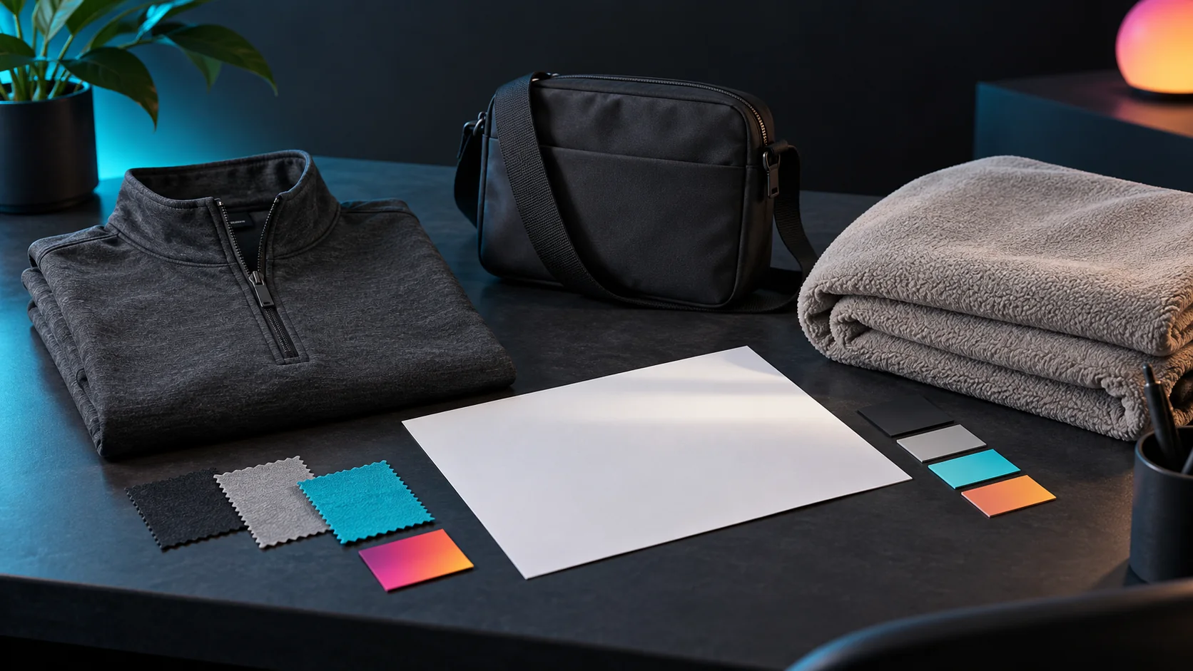 Illustration of a folded light layer, utility bag, blanket, and blank proof sheet being compared for a corporate gift plan
