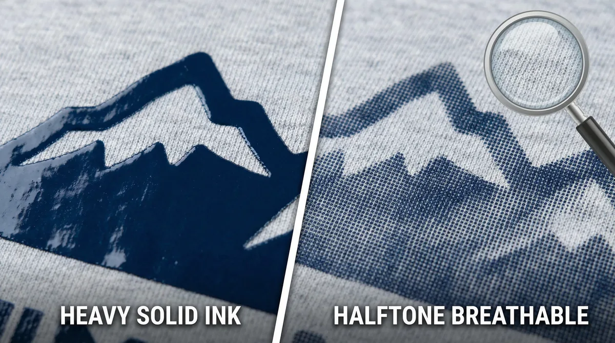 Side-by-side: heavy solid ink vs halftone-optimized breathable DTF print