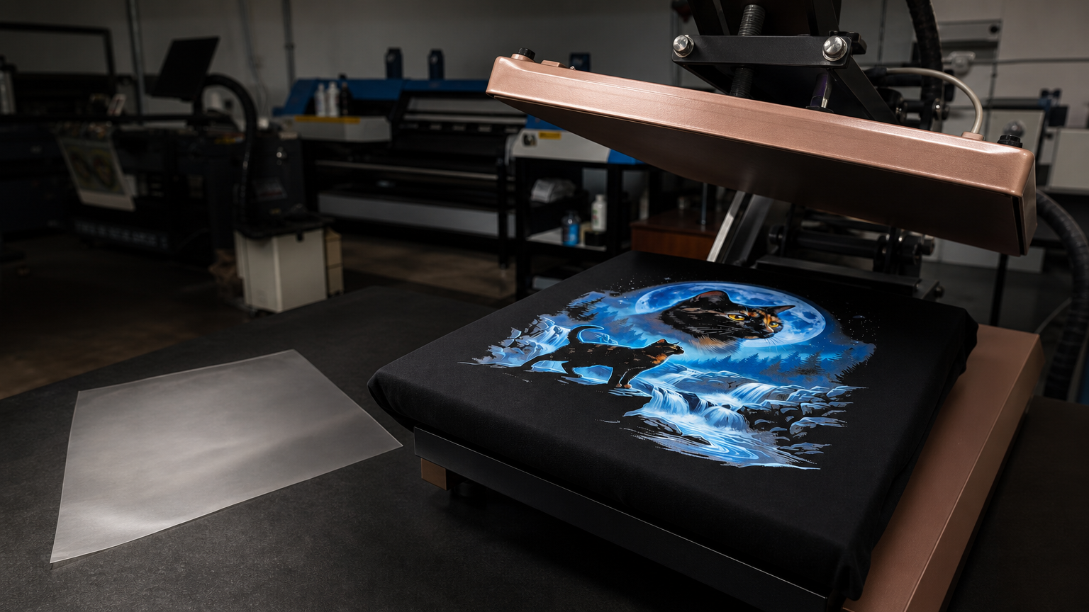 Finished DTF shirt resting on an open heat press